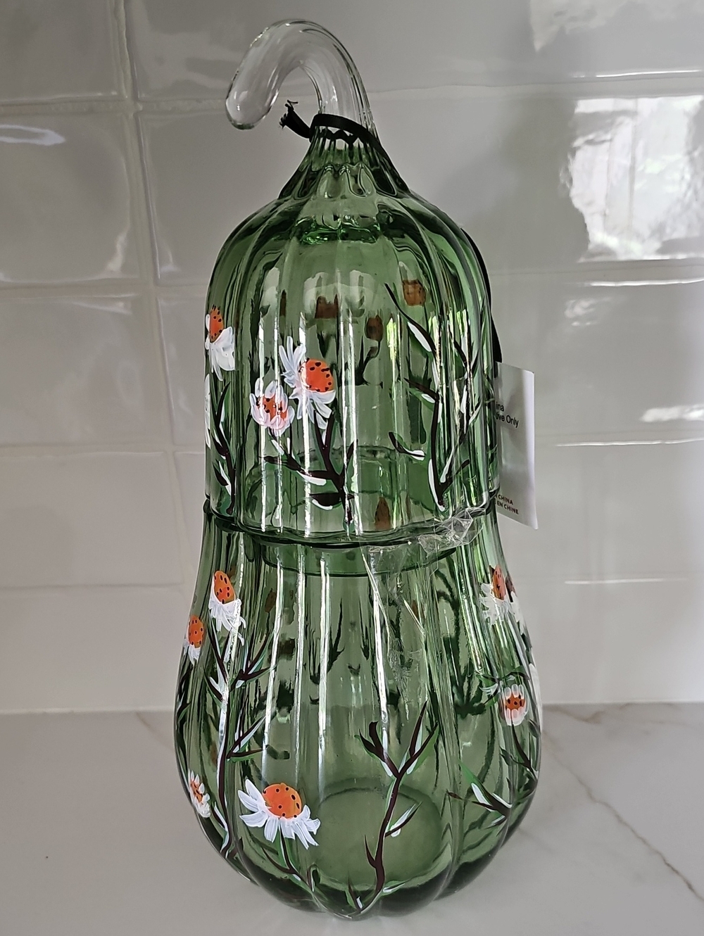 Green Hand-Painted Glass Gourd Canister with Floral Motif Source Unknown Ribbed